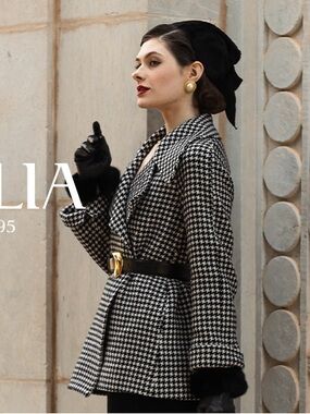 Goelia Wool Black & White Houndstooth Belted Peacoat. EUC.